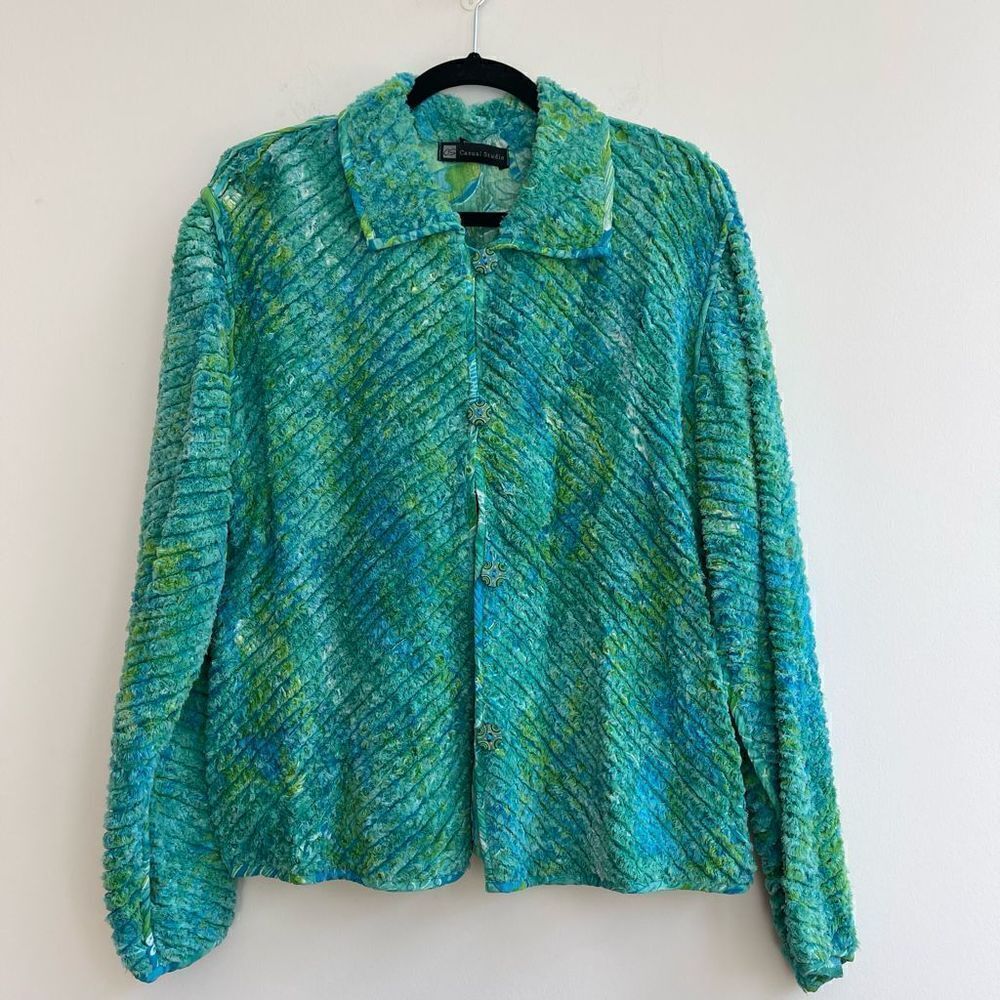 Green and Blue Diagonal Textured Button Down Shacket Size medium